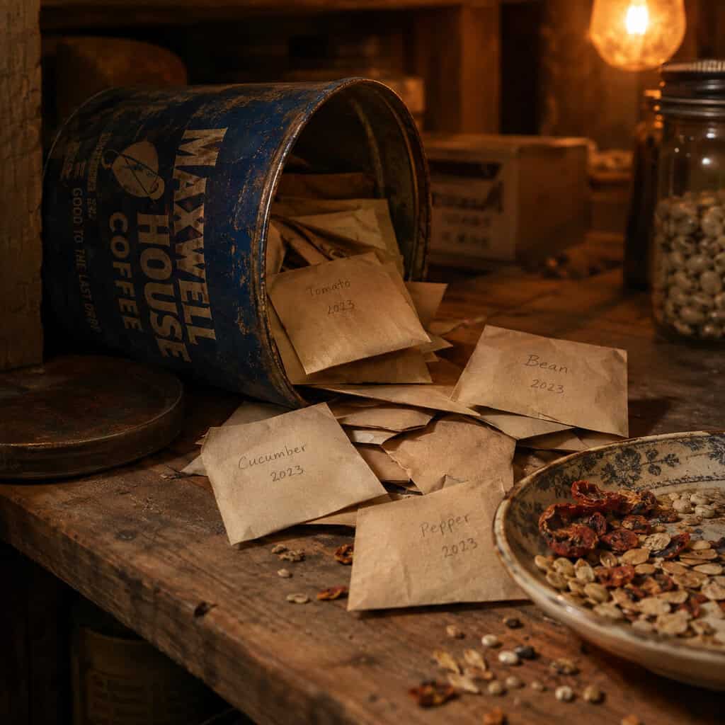 Seeds Saved in Paper Envelopes in a Coffee Tin