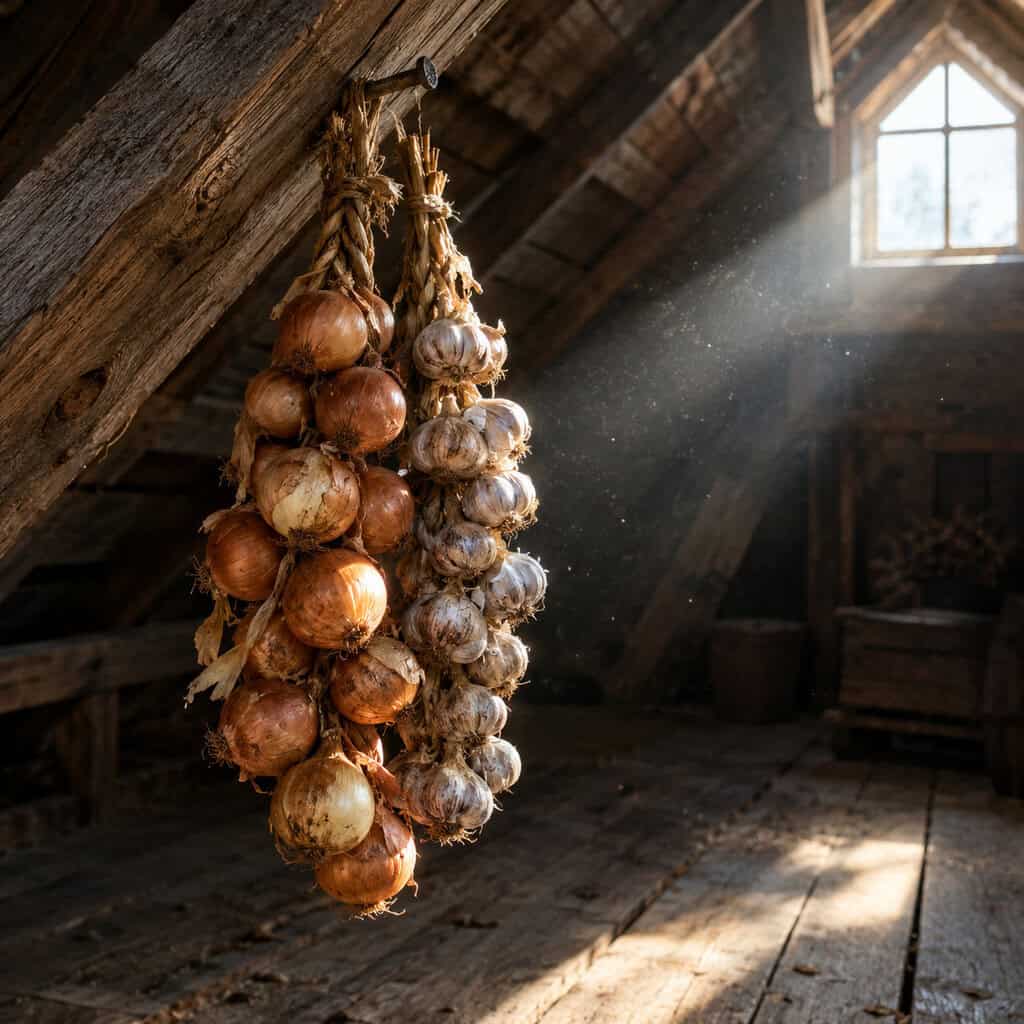 Onions and Garlic Braided and Hung in the Attic