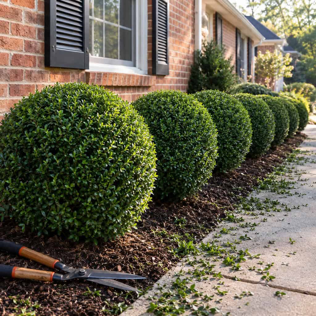 Shrubs Sheared Into Meatballs Across the Front of the House