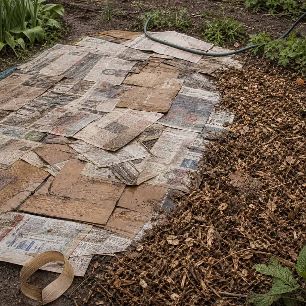 Newspaper and Flattened Boxes Under the Mulch