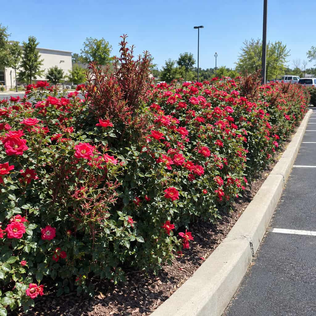 Knock Out Roses Used as a Hedge Everywhere