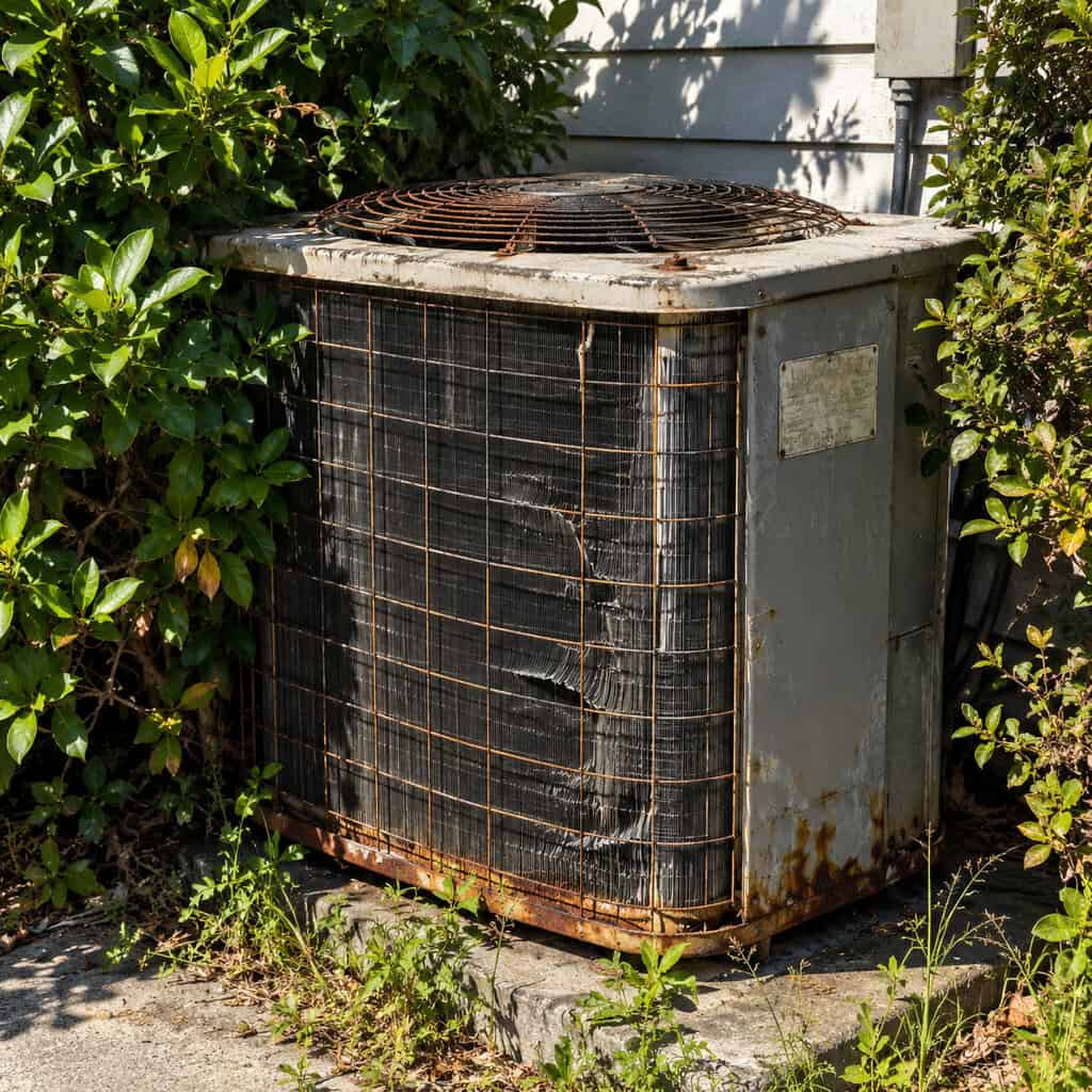 A Rusted AC Condenser Choked by Overgrowth