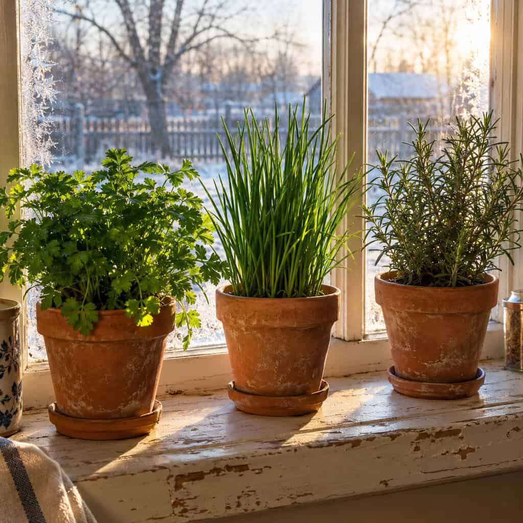 Parsley, Chives and Rosemary Potted for the Kitchen Window