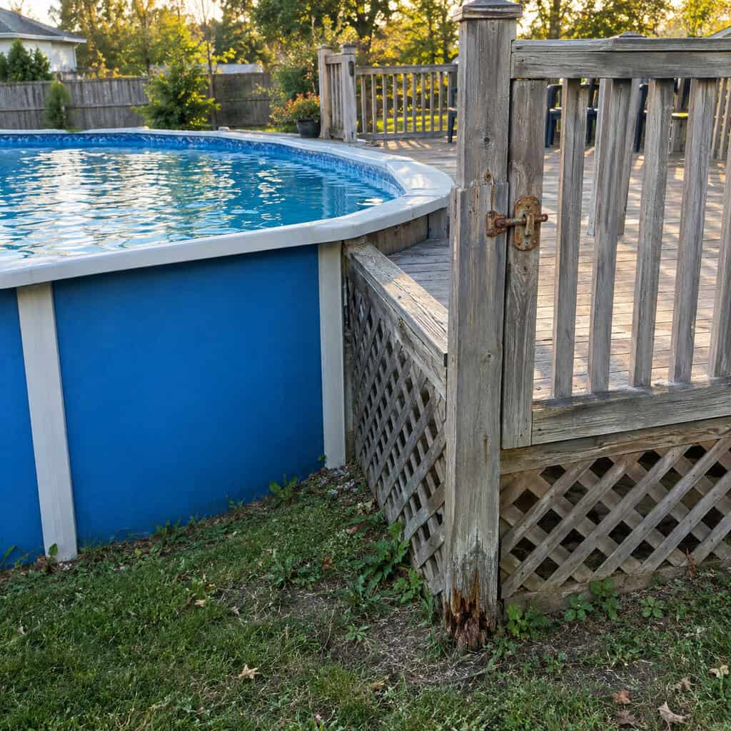 An Above-Ground Pool Ringed by a Wooden Deck