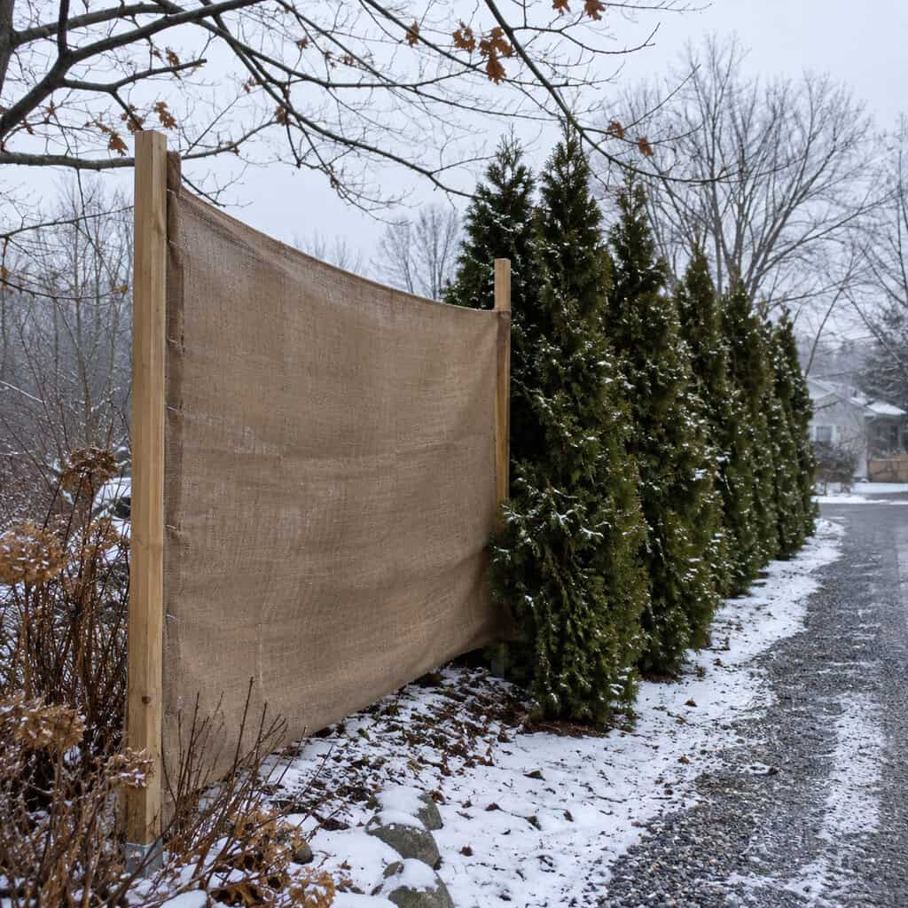 Burlap Screens Staked Around the Arborvitae and Boxwood