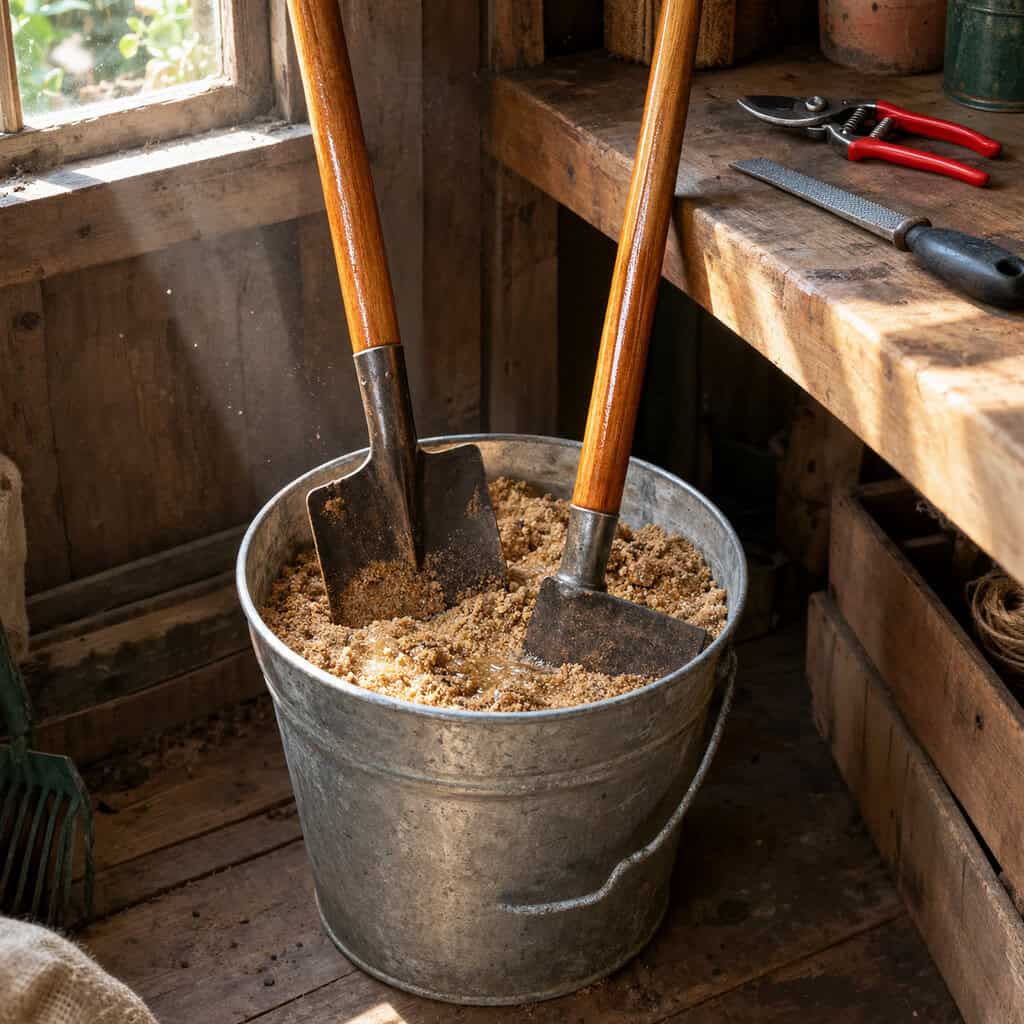 Clean Tools Plunged Into a Bucket of Sand and Oil