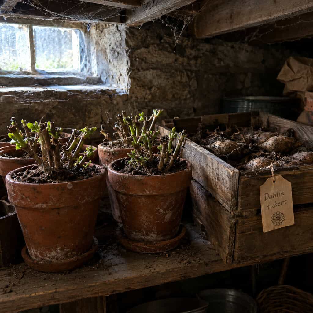 Geraniums and Dahlias Wintered in the Cellar