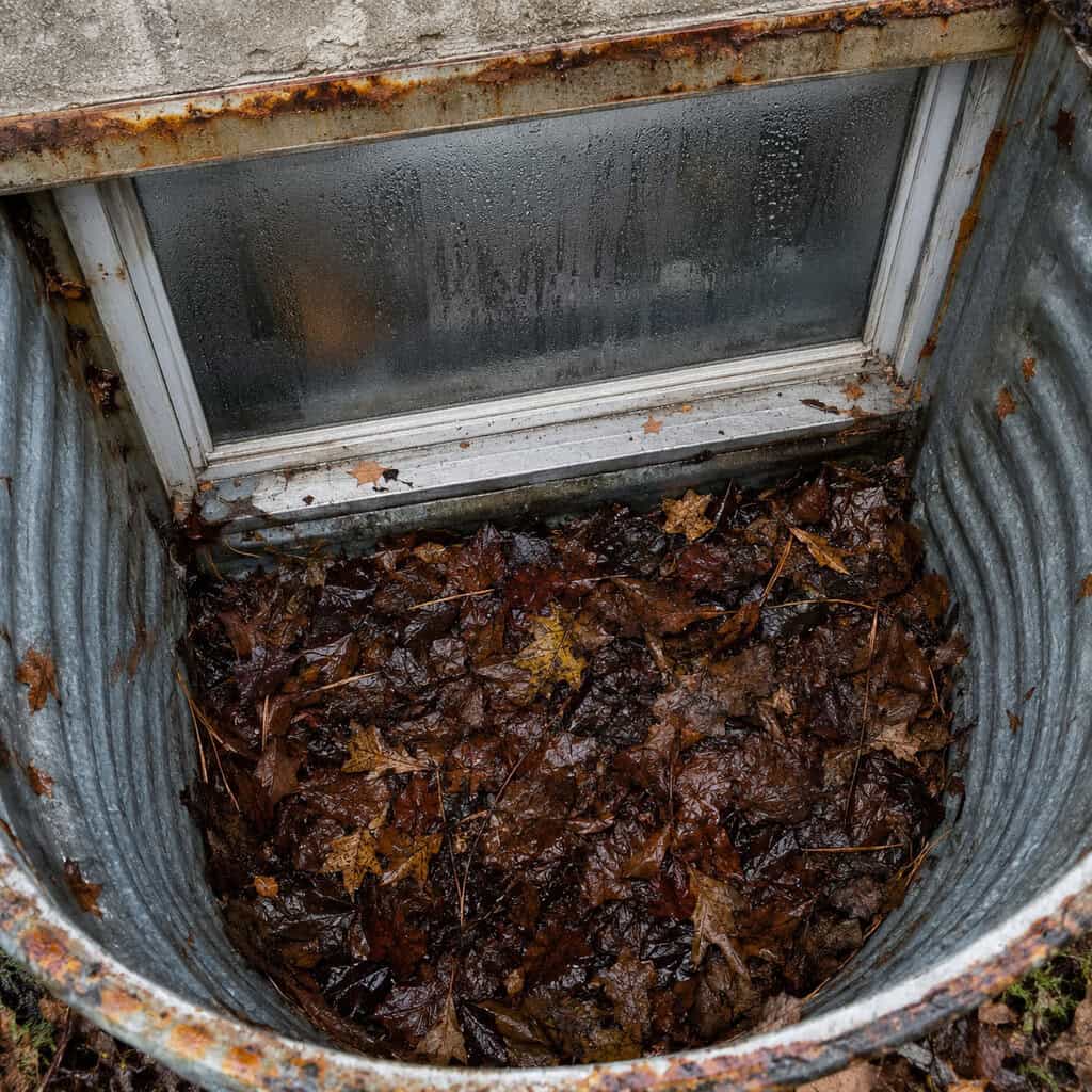 Window Wells Packed With Leaves and Rusted at the Lip