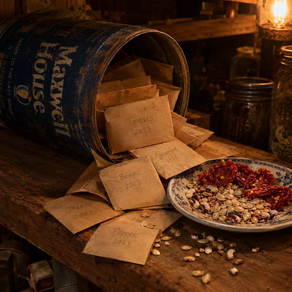 Seeds Saved in Paper Envelopes in a Coffee Tin