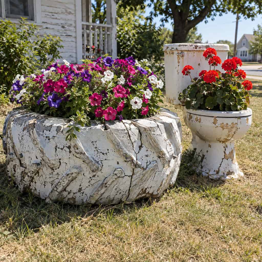 Tires and Toilets Repurposed as Planters