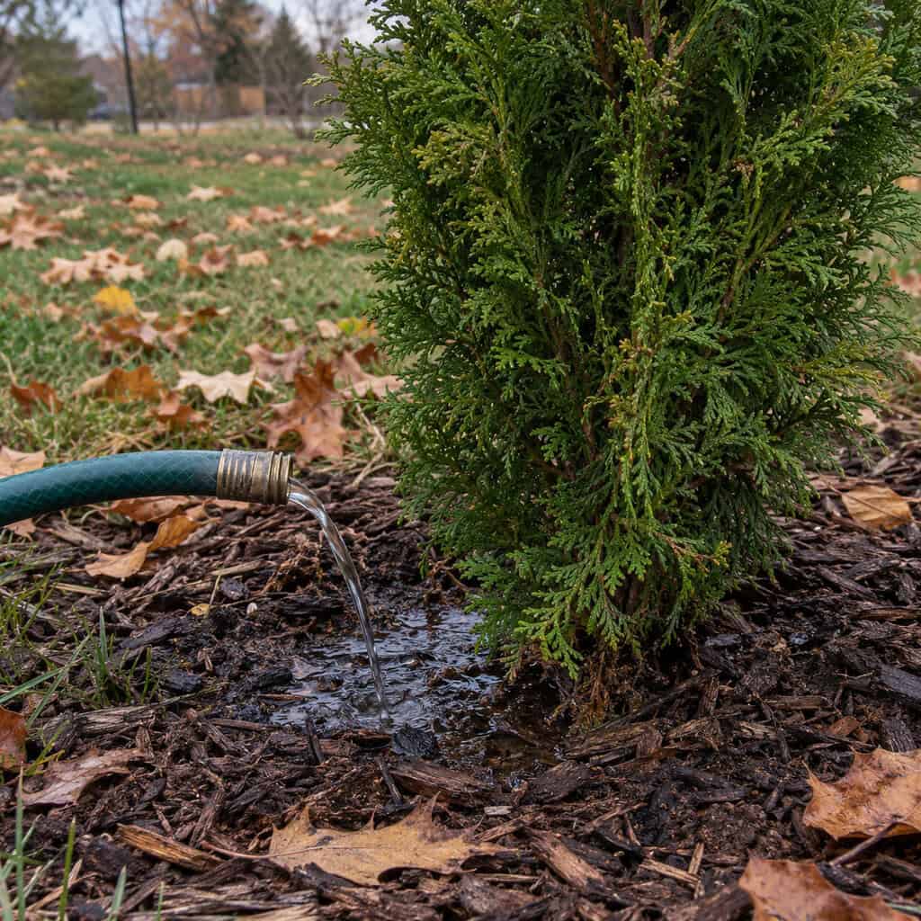 Deep Watering the Evergreens Before Freeze-Up