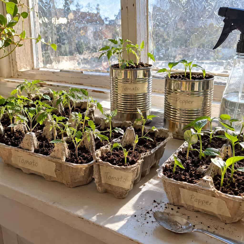 Seeds Started on the Windowsill in Egg Cartons