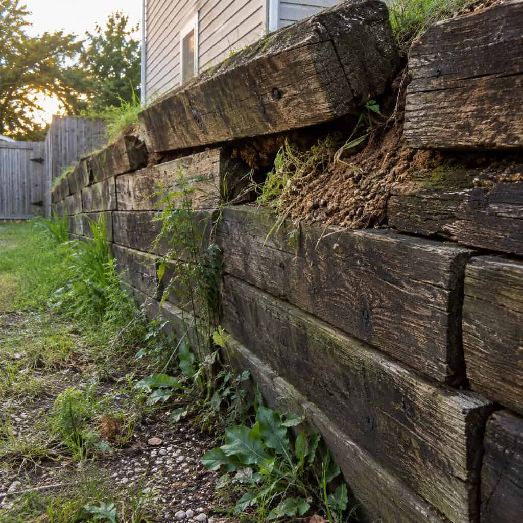 A Railroad-Tie or Stacked-Block Retaining Wall Leaning Forward