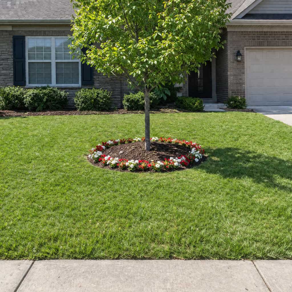 One Round Island Bed Floating in the Middle of the Lawn