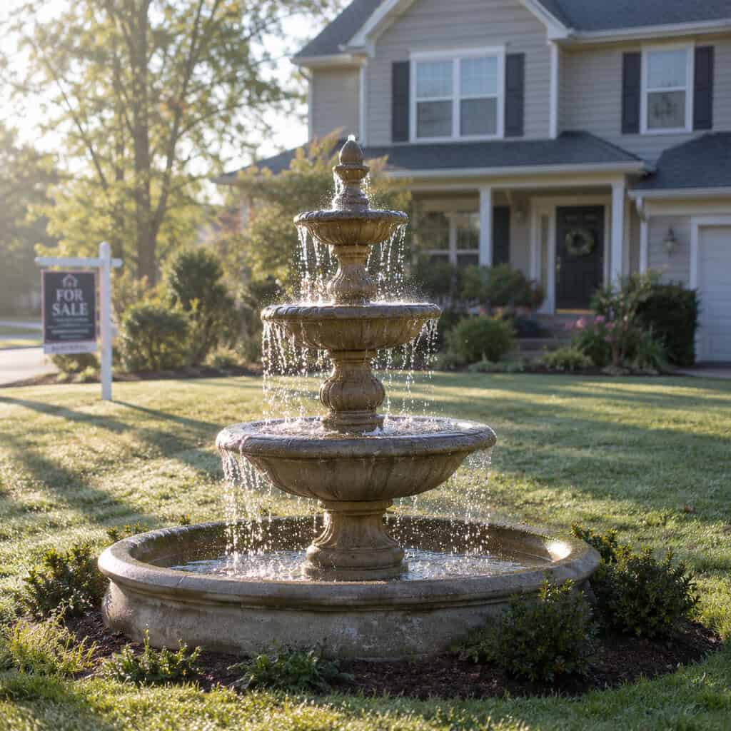 A Tiered Stone Fountain in the Middle of the Lawn