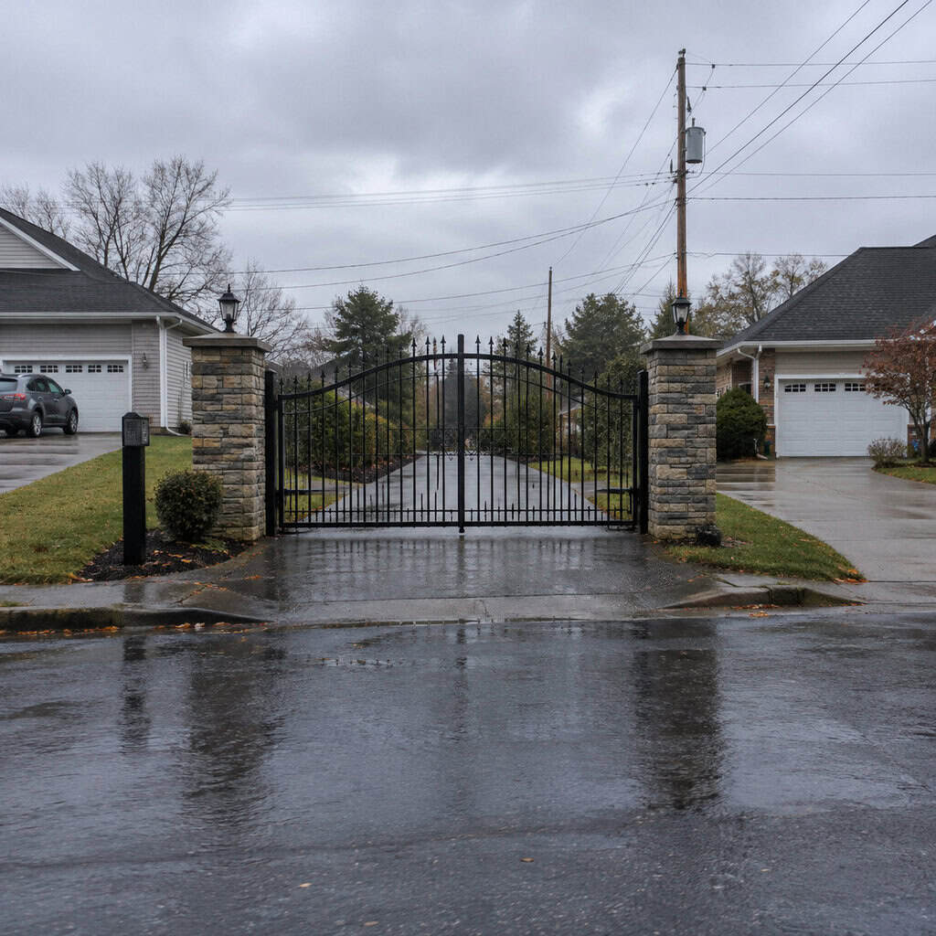 A Gated Driveway With Stone Pillars on an Ungated Street