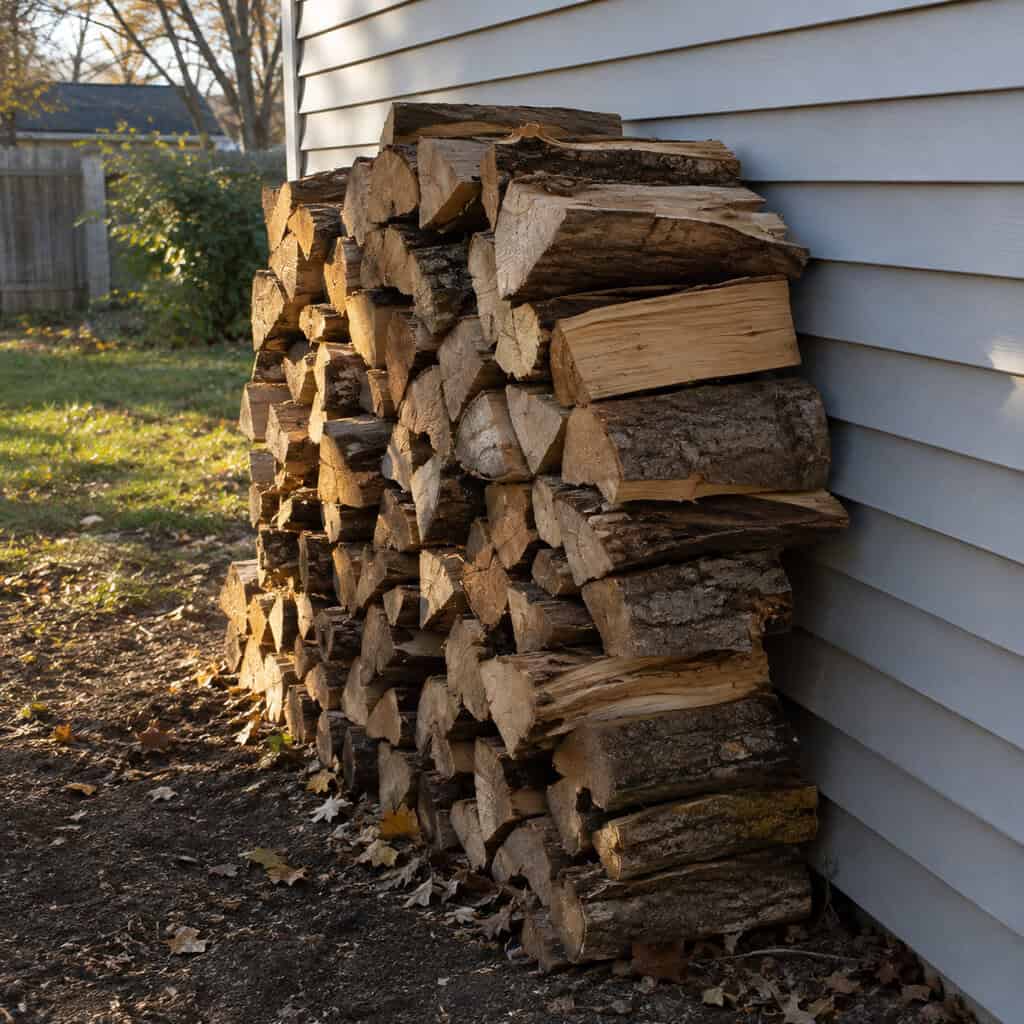 Firewood Stacked on Bare Ground Against the House