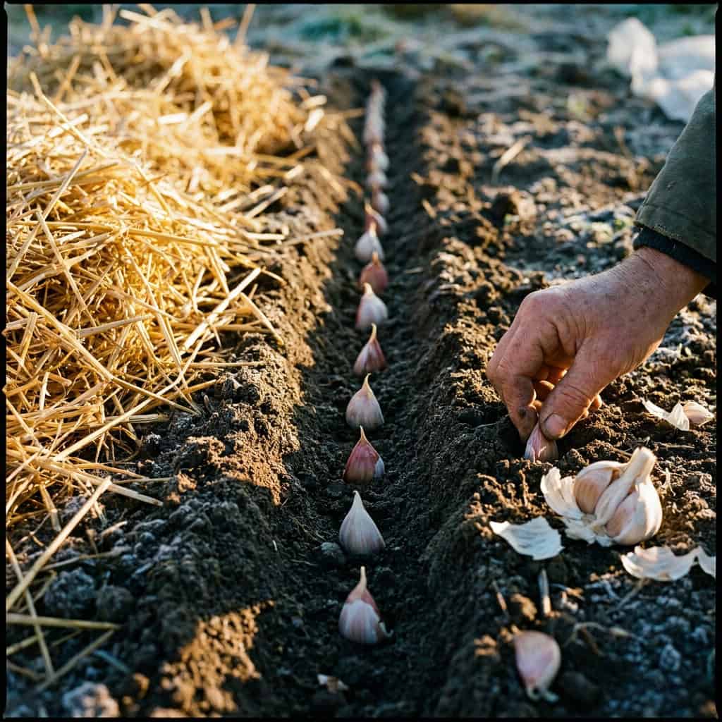Garlic Cloves, Pointy End Up, After the First Hard Freeze