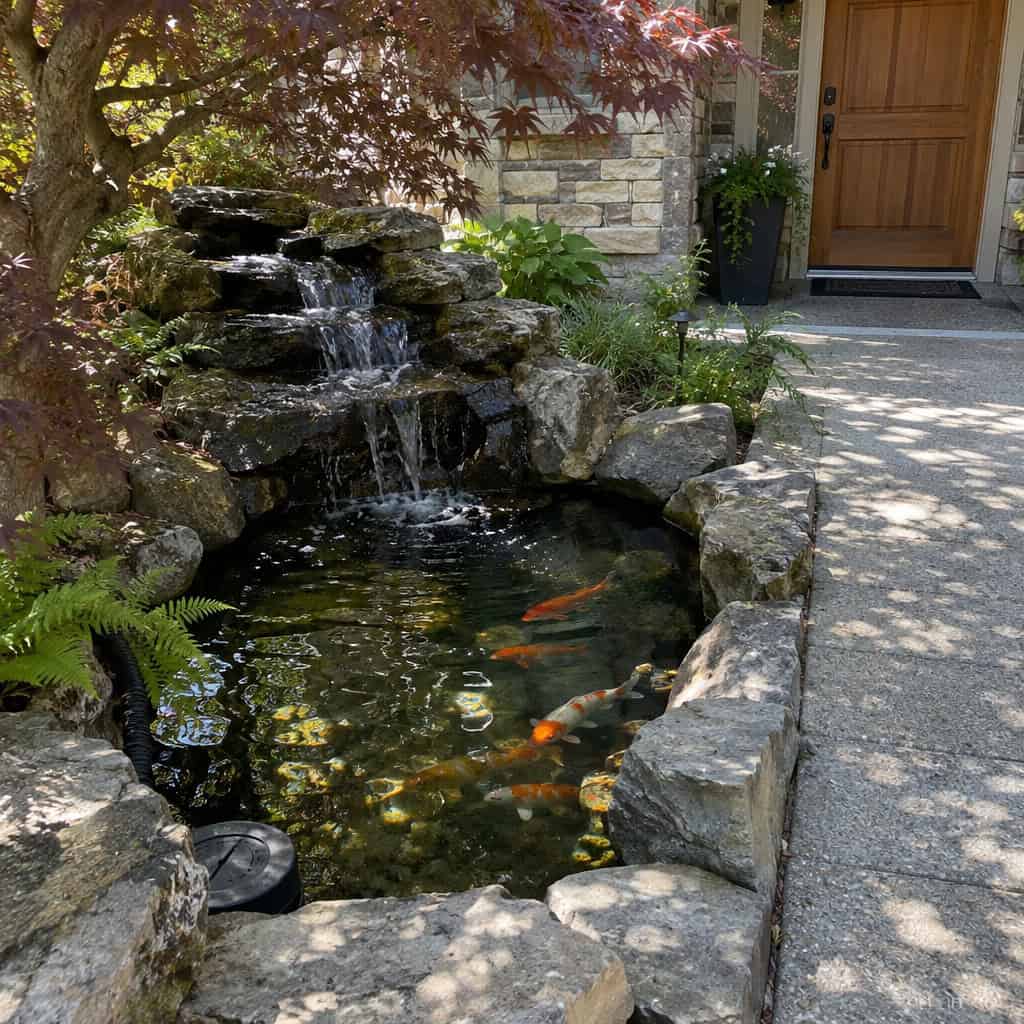A Koi Pond With a Waterfall by the Front Walk