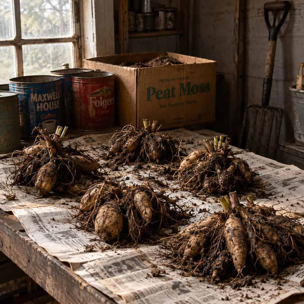 Dahlias Dug, Dusted, and Boxed for the Cellar