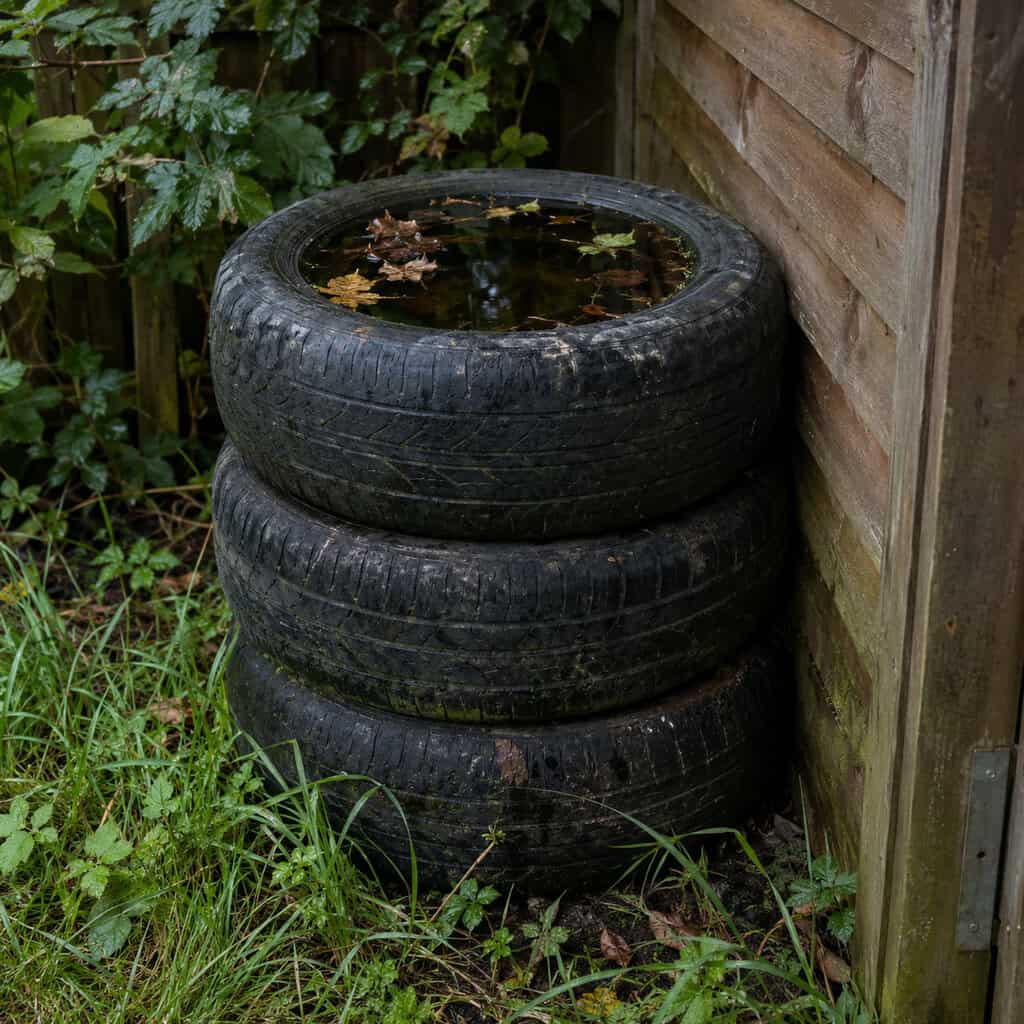 Old Tires Piled Behind the Shed