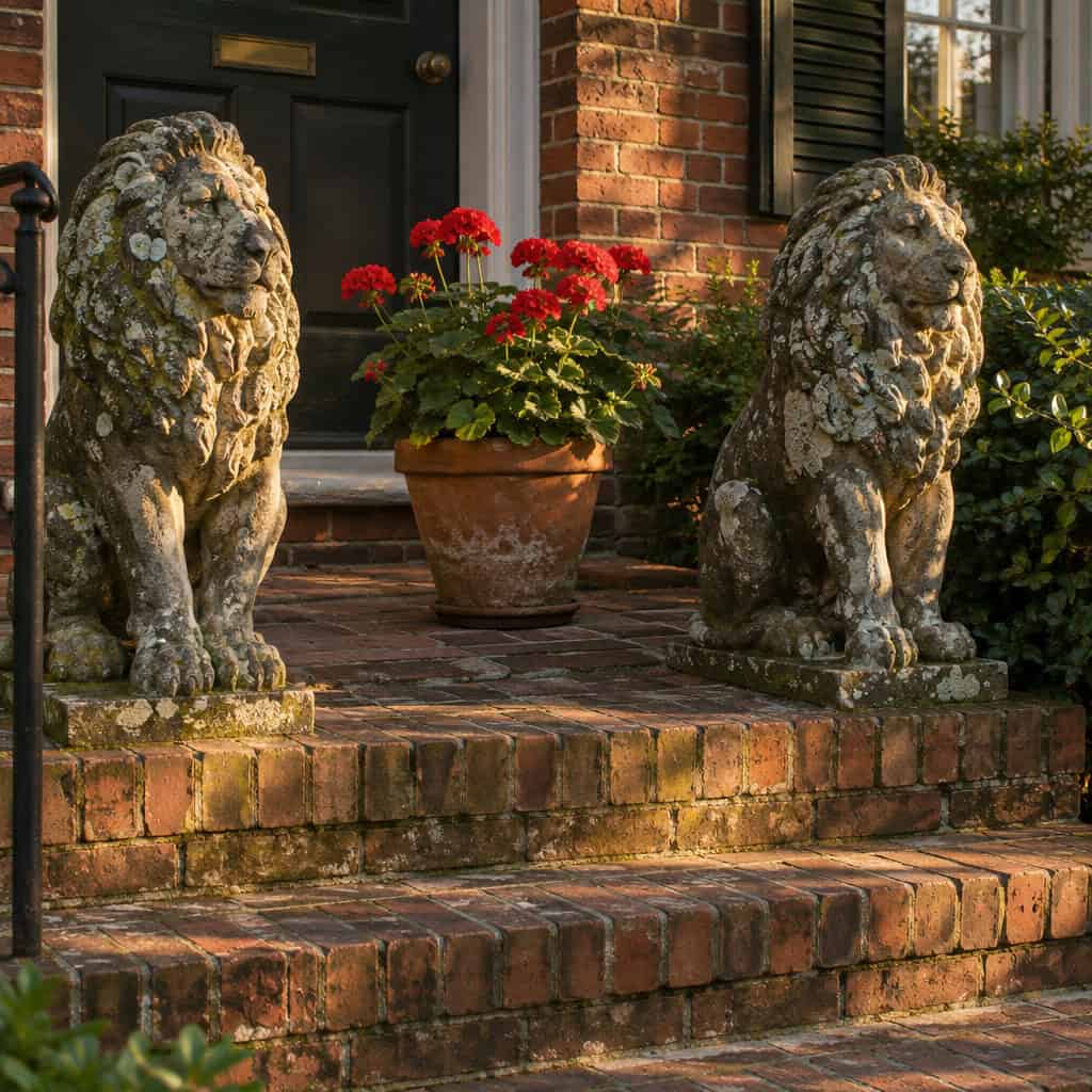 Concrete Lions Flanking the Front Steps