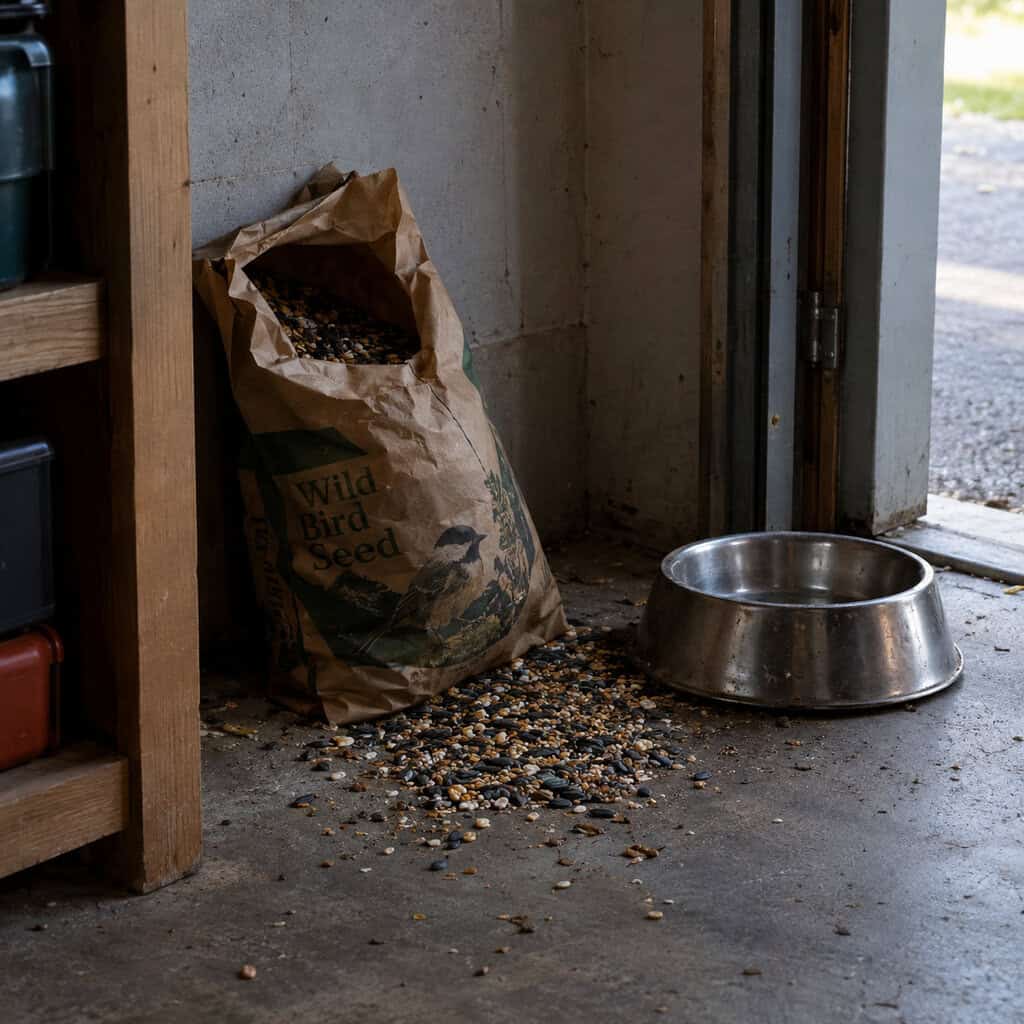 Pet Bowls and the Open Bag of Birdseed in the Garage
