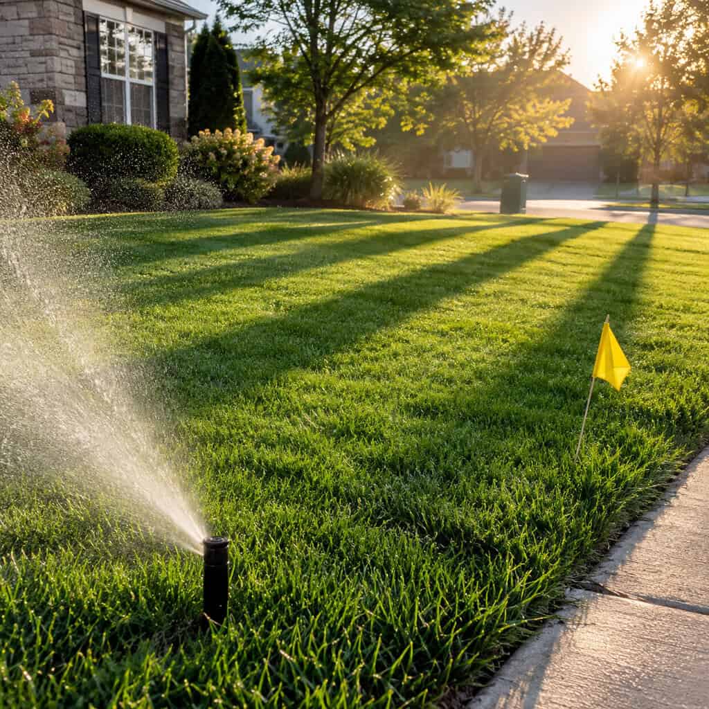 Visible Sprinkler Heads and a Lawn-Service Flag