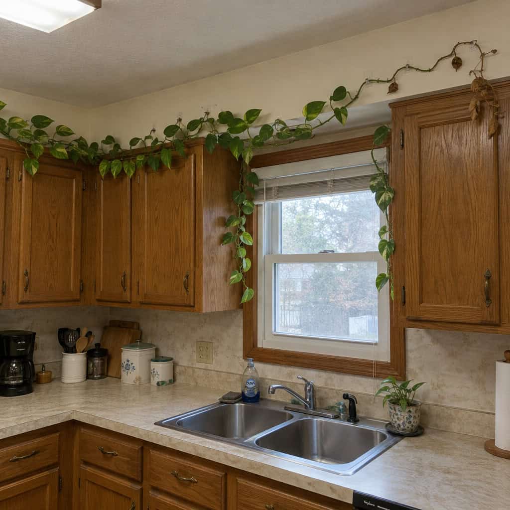 Pothos Trailing Across the Kitchen Cabinets