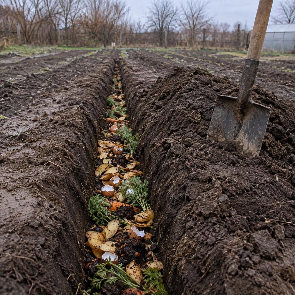 Kitchen Scraps Buried in a Trench Down the Empty Row