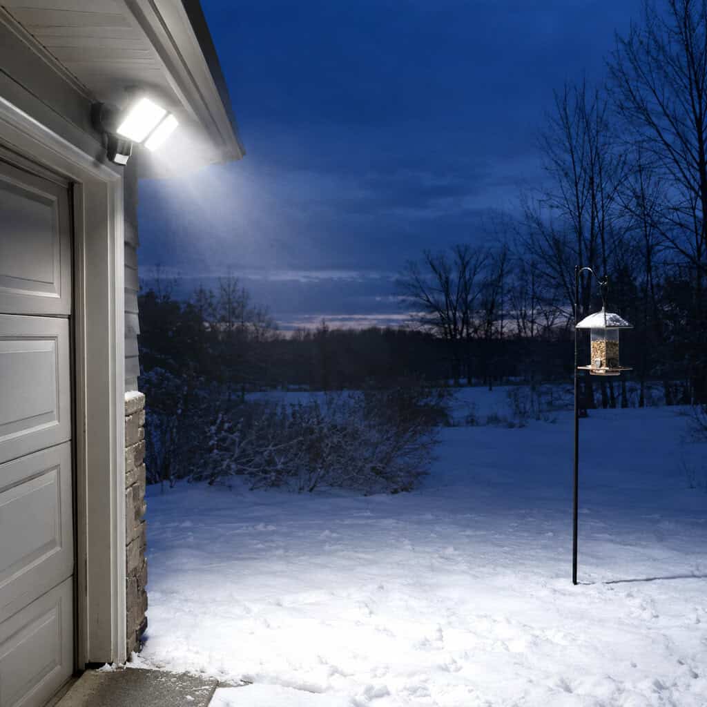 A Motion Floodlight Blasting The Feeder At Dusk