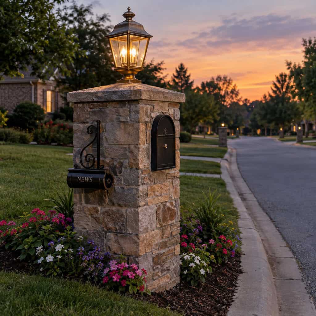 An Estate Mailbox With a Stone Surround and Lamppost