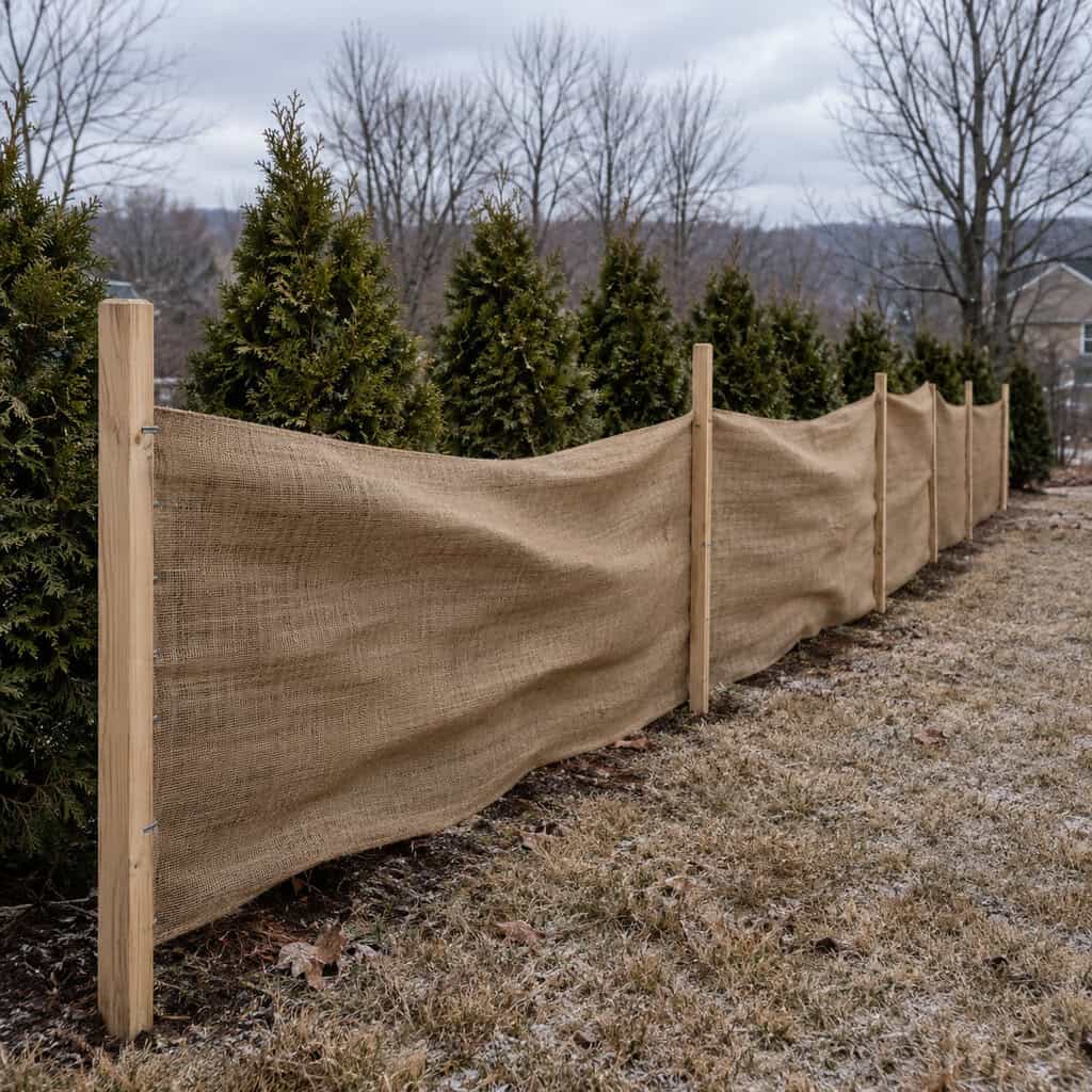 Burlap Screens Staked Around the Evergreens