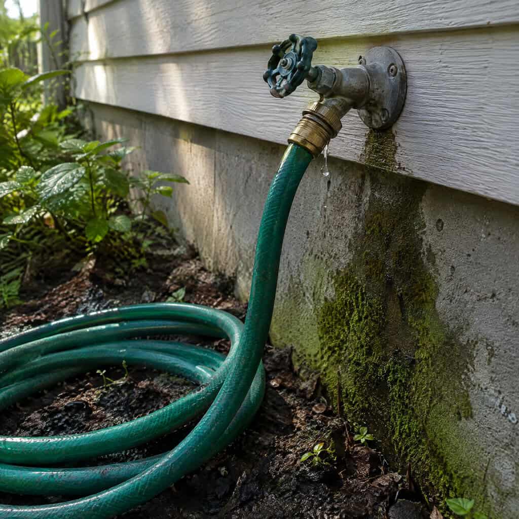 The Dripping Hose Bib and the Hose Coiled on the Ground