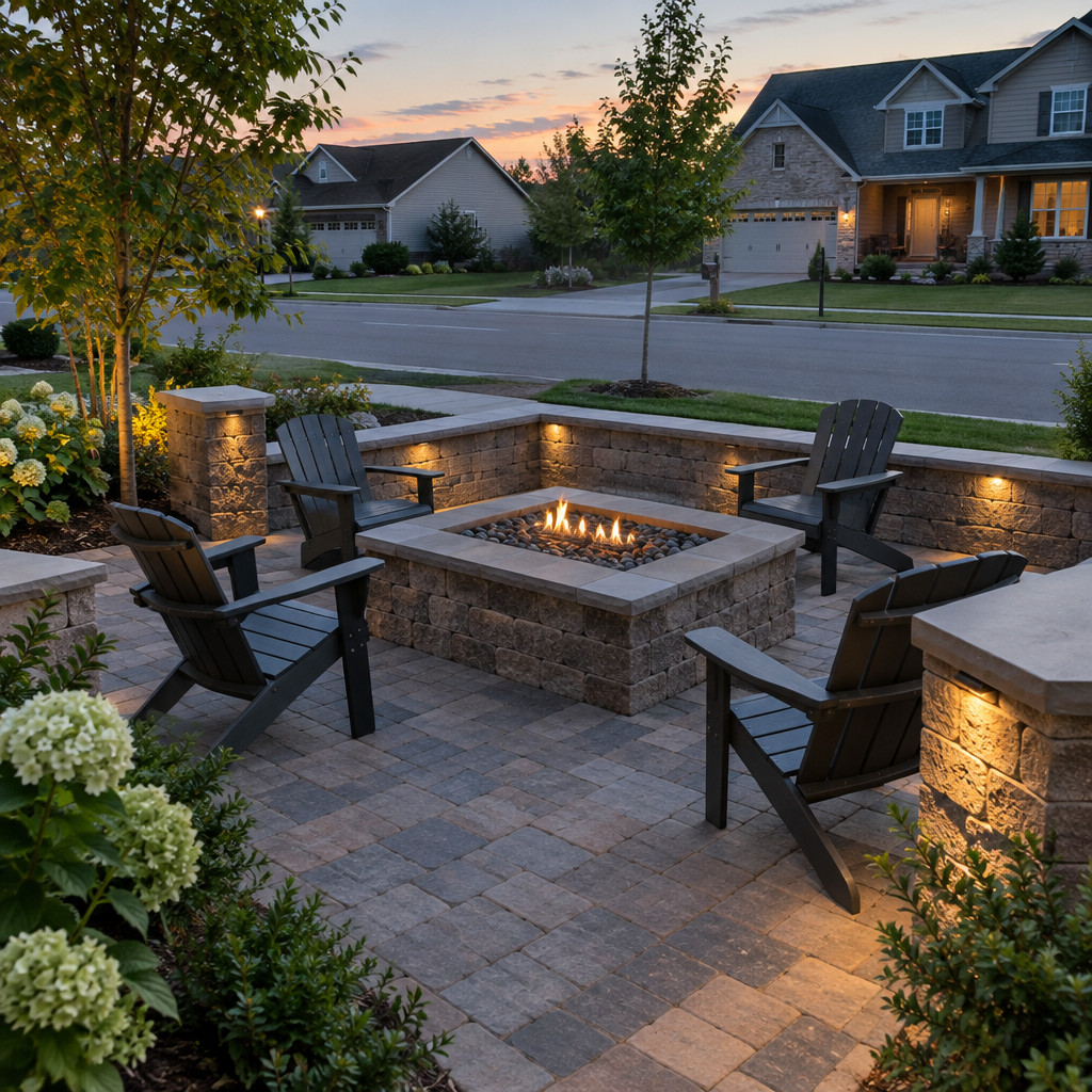 A Front Courtyard With a Built-In Fire Pit