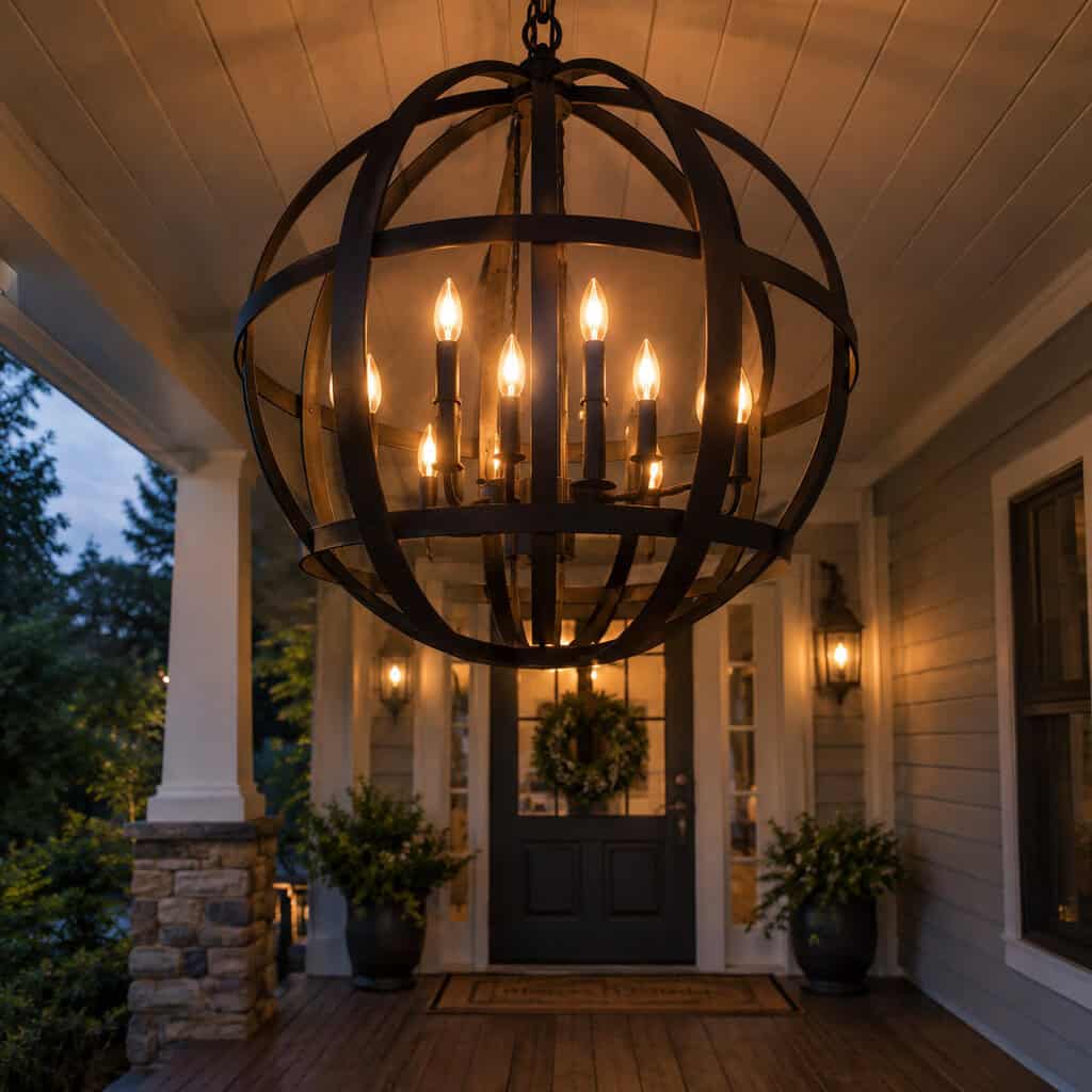 An Oversized Outdoor Chandelier Over the Entry