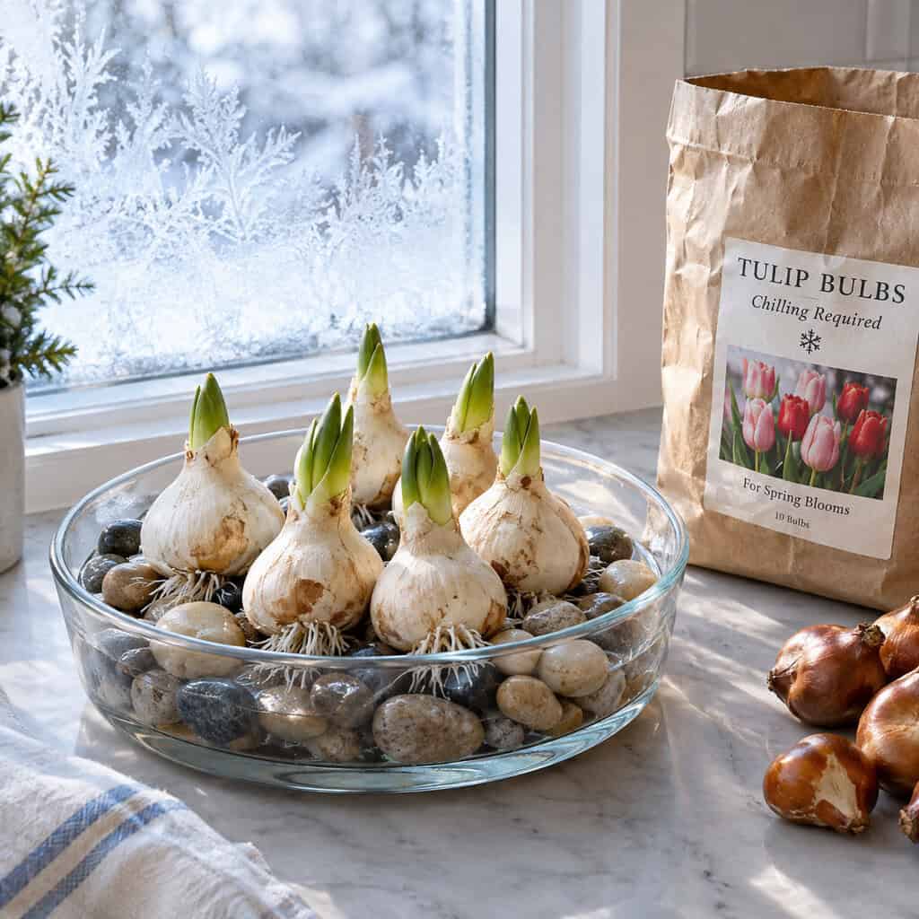 Paperwhites Potted and Tulips Chilled in the Refrigerator