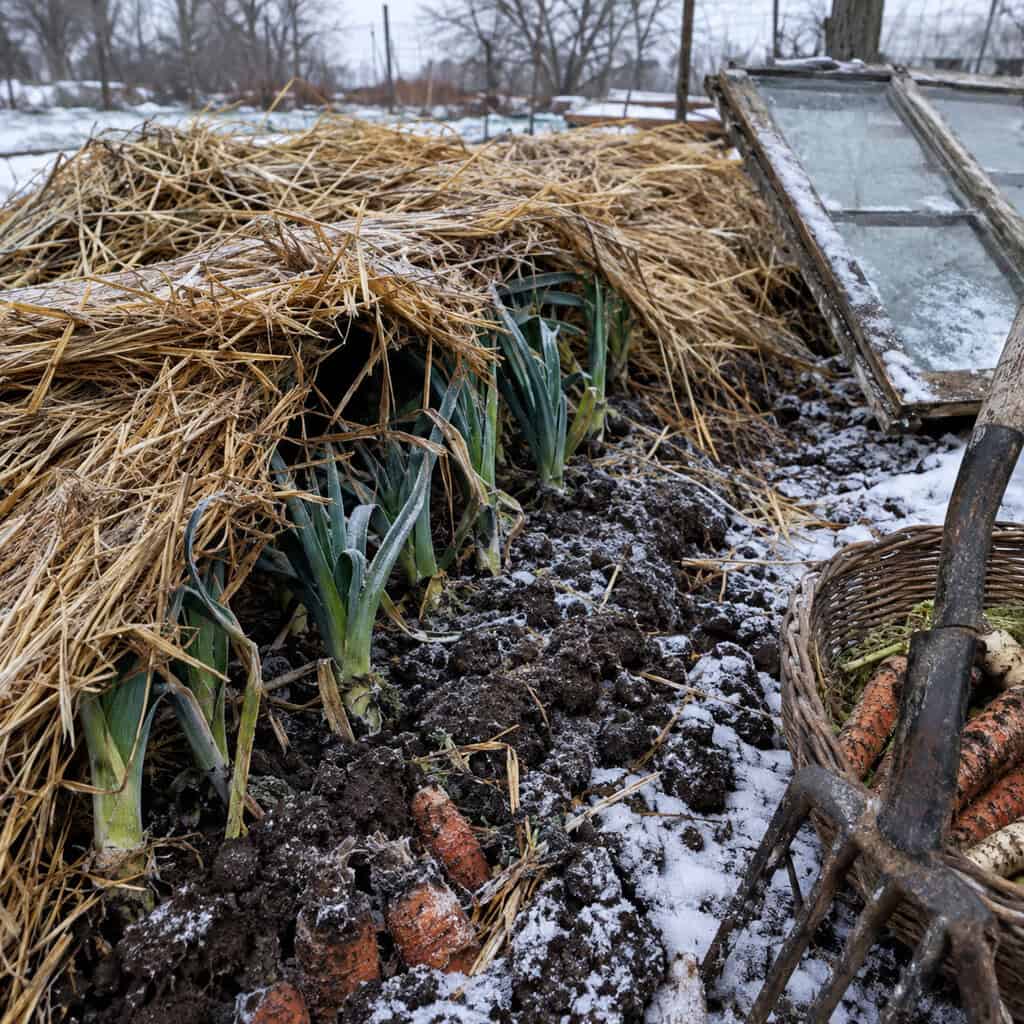 Carrots, Leeks, and Parsnips Left in the Ground Under Straw