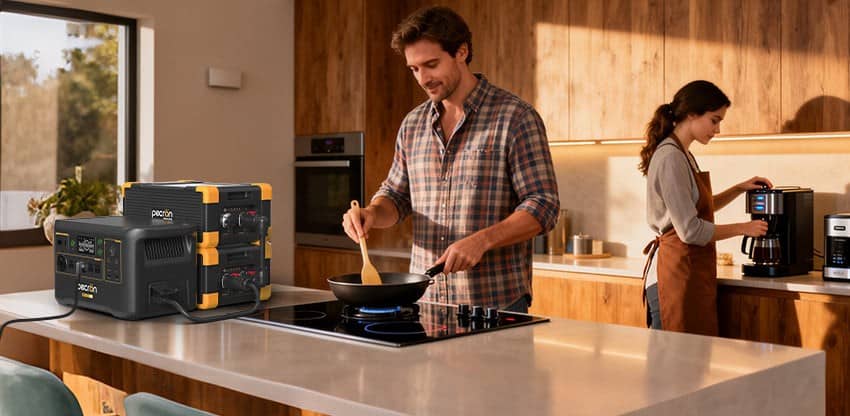 Pecron F3000LFP portable power station with expansion batteries running a family kitchen