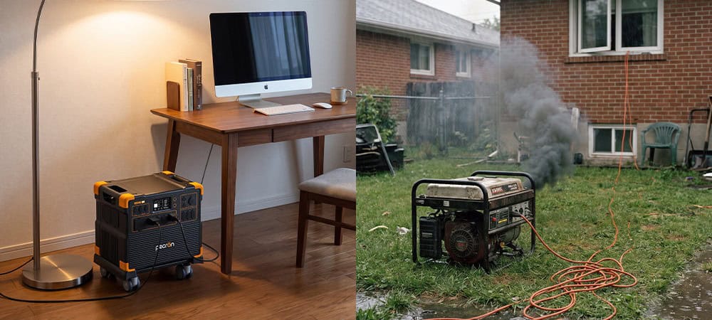 Pecron portable power station running quietly indoors next to a smoking gas generator outside